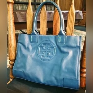 Vtg Tory Burch Ella Monogram Logo Blue Gray Leather Structured Top Handle Tote